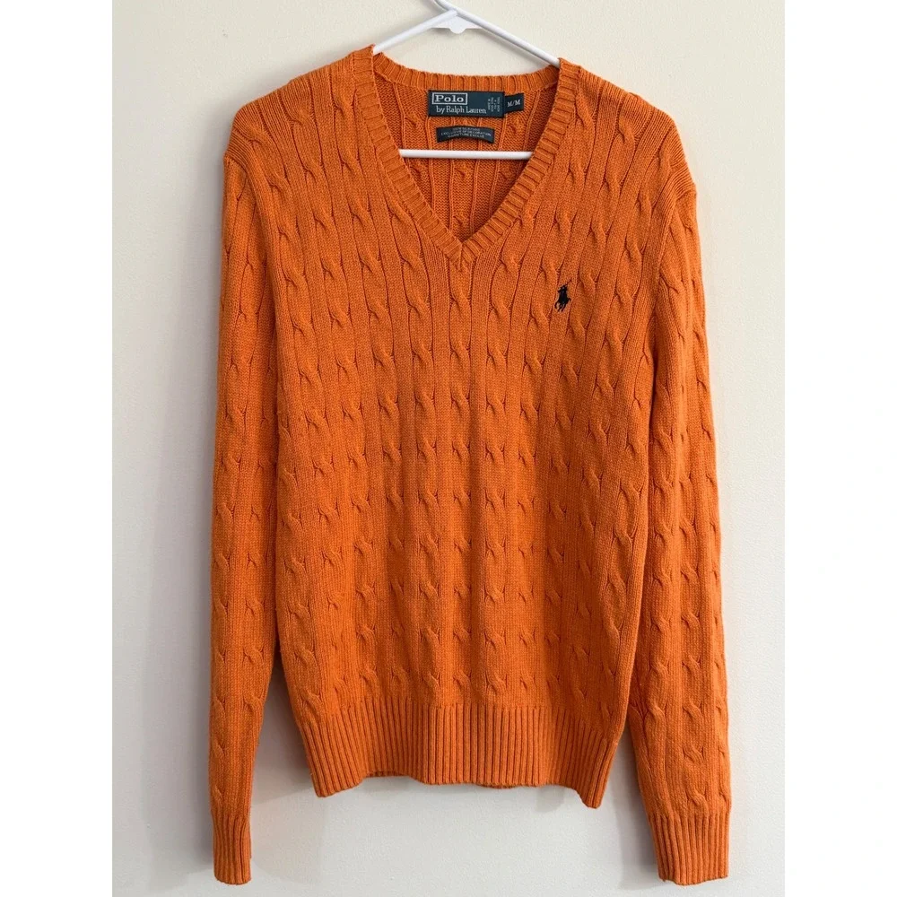 VTG Polo Ralph Lauren Orange 100% Silk Cable Knit V-Neck Sweater Mens Medium